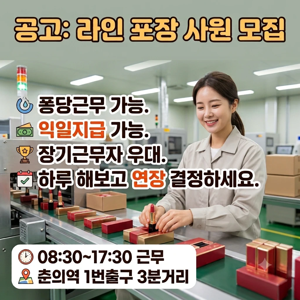 춘의역 화장품 단순포장 주급,익일지급
