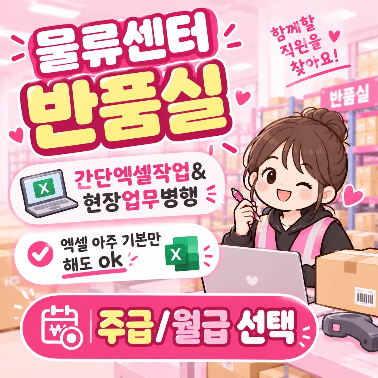 물류센터/반품실/간단엑셀&현장업무병행/주급,월급선택
