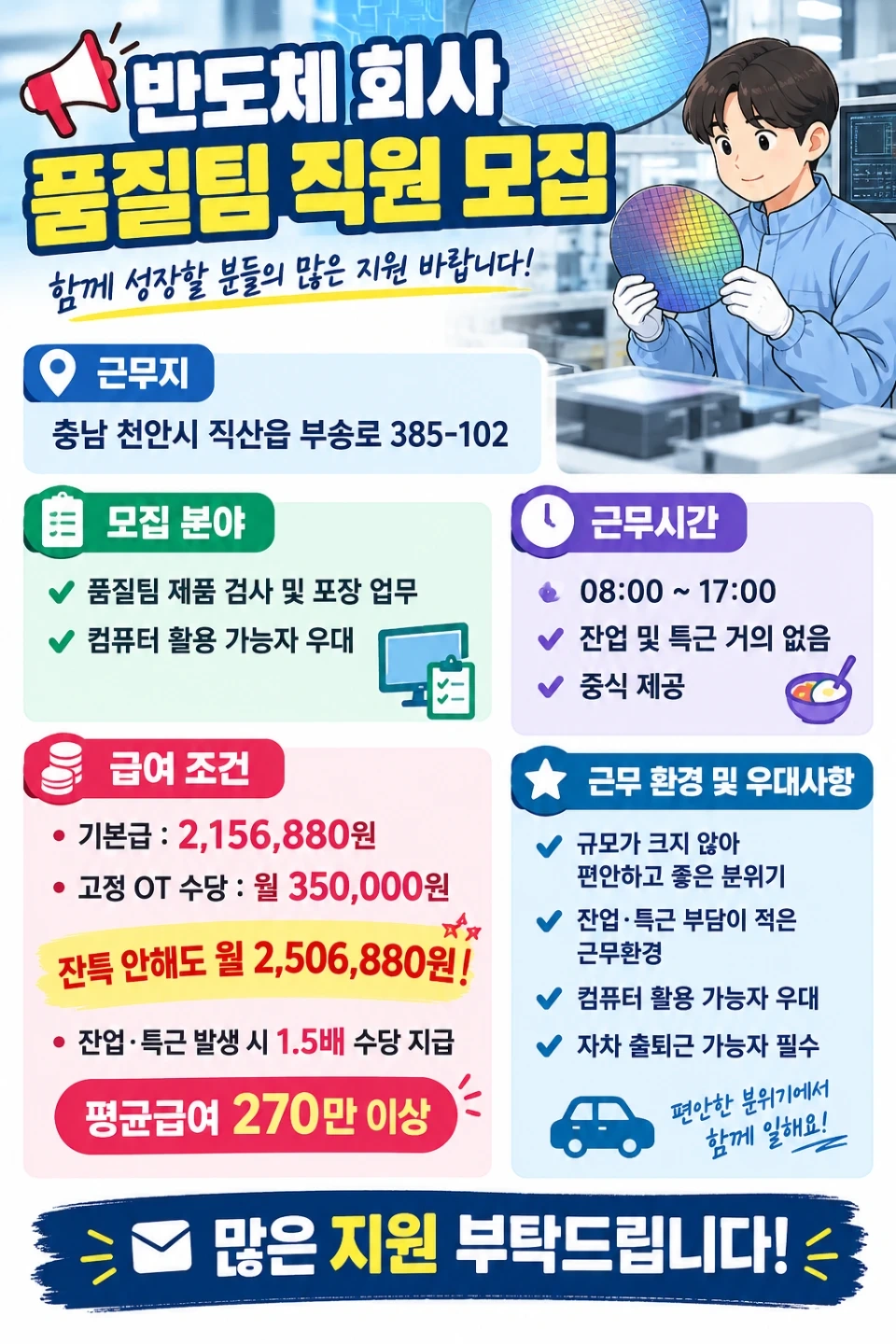 직산/반도체/품질포장검사/고정ot35만/자차출퇴근