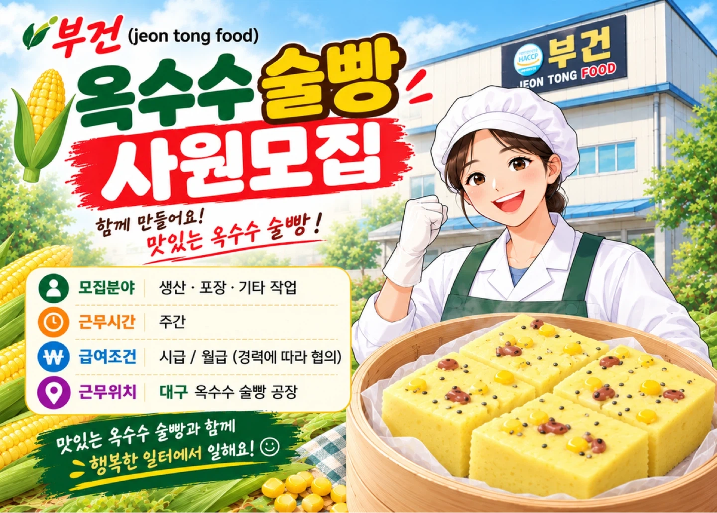 옥수수술빵 생산.제조 정규직 2명 모집