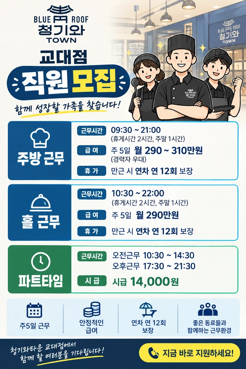 청기와 타운 (교대점) 정직원,파트타임 구합니다