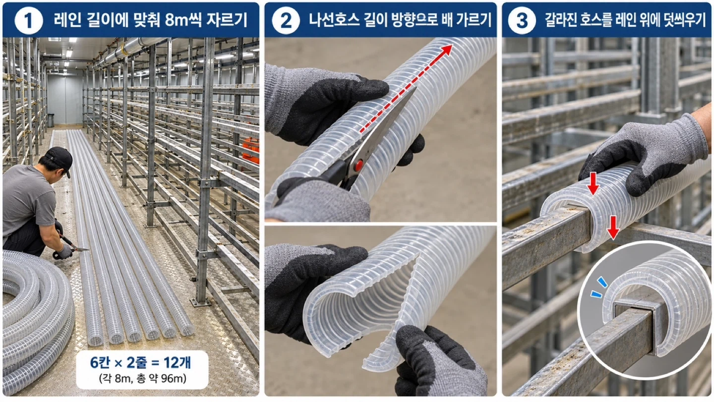 레인에 호스 씌우는 작업