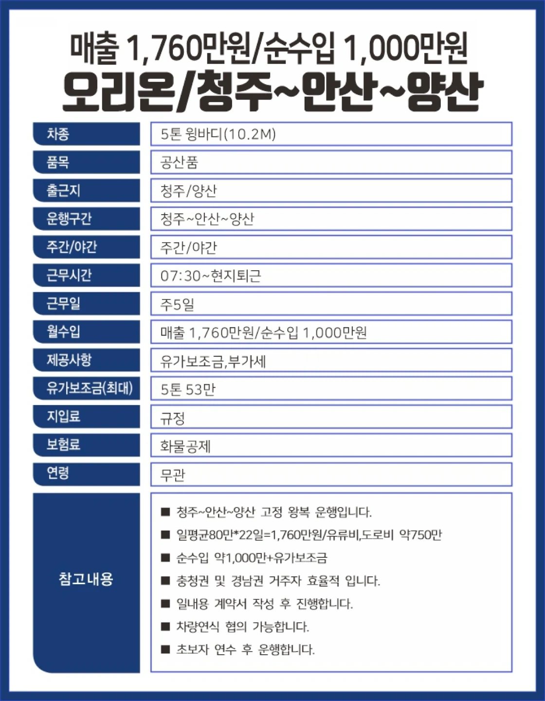 5톤/청주-안산-양산/오리온/월급기사 아닙니다