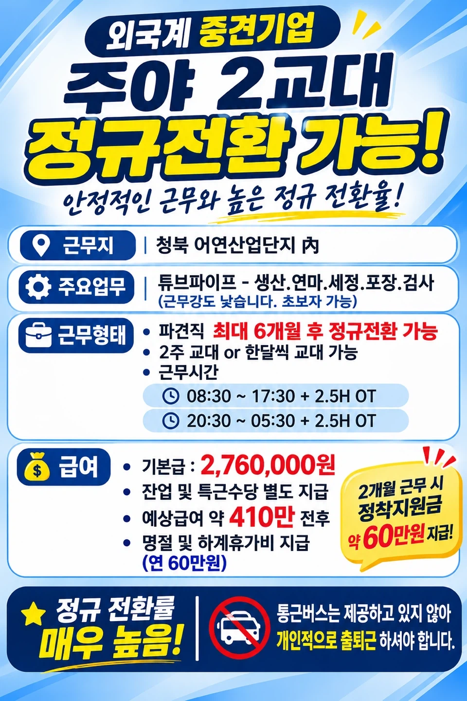400만 이상,중견기업 생산직,2교대,자차출근,단순생산