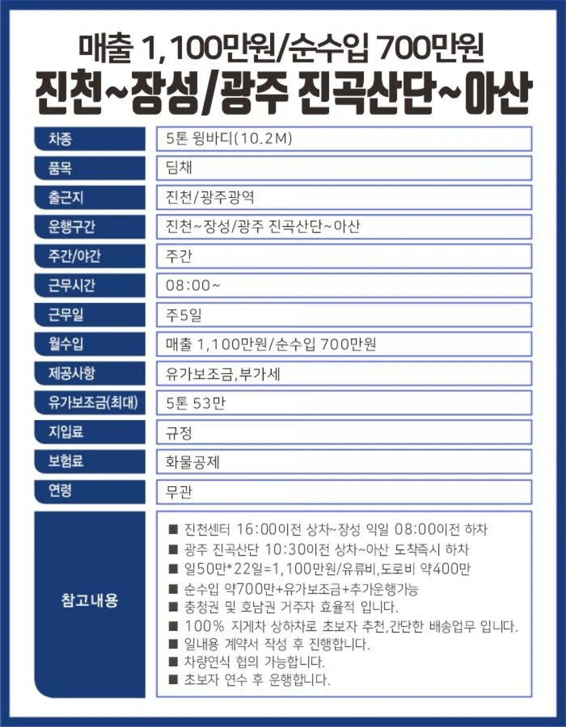 5톤/딤채/광주-아산/진천-장성/월급기사 아닙니다