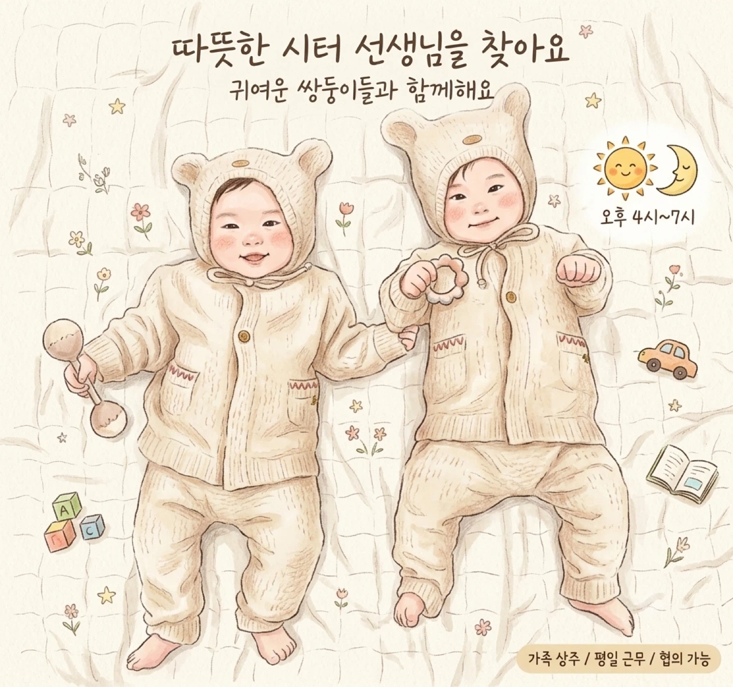 6개월 쌍둥이 여아 함께 돌봐주실 시터 선생님 모십니다