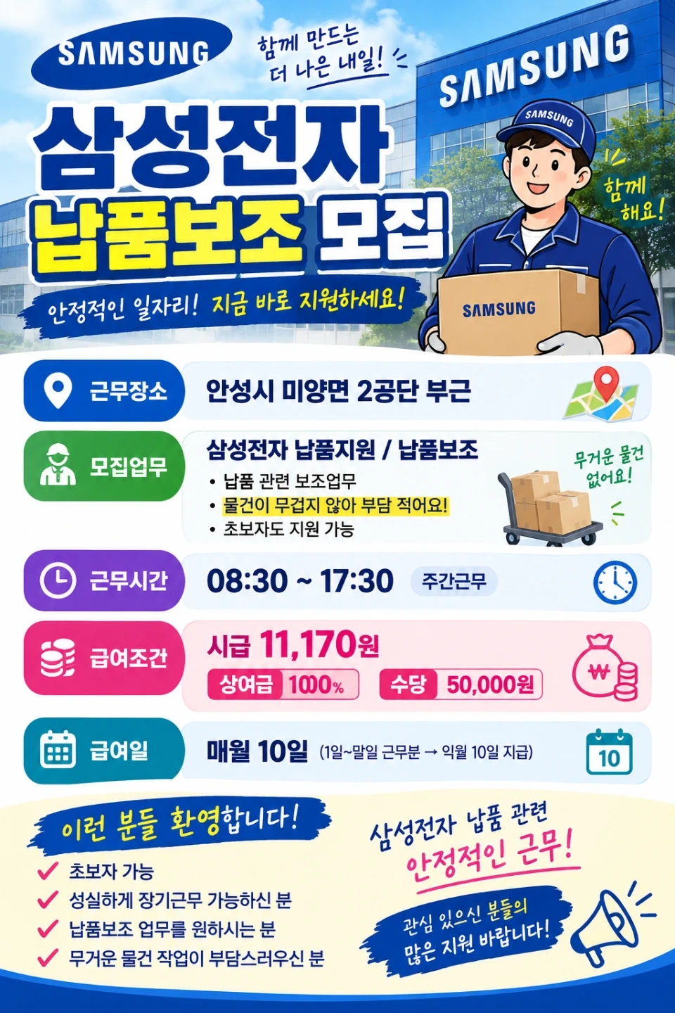 안성미양공단/삼성납품보조/잔업없음/초보가능