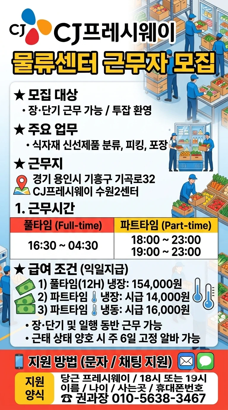 익일지급 파트/풀타임 알바 프레시웨이 냉장물류센터