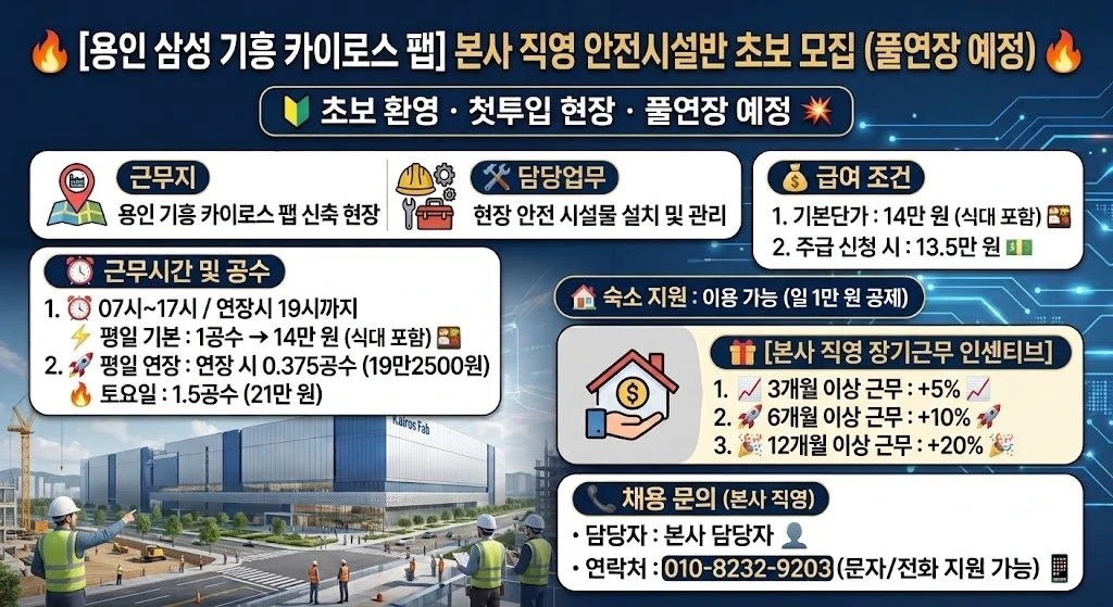기흥 삼성 카이로스팹 안전시설반 초보모집 주급가능