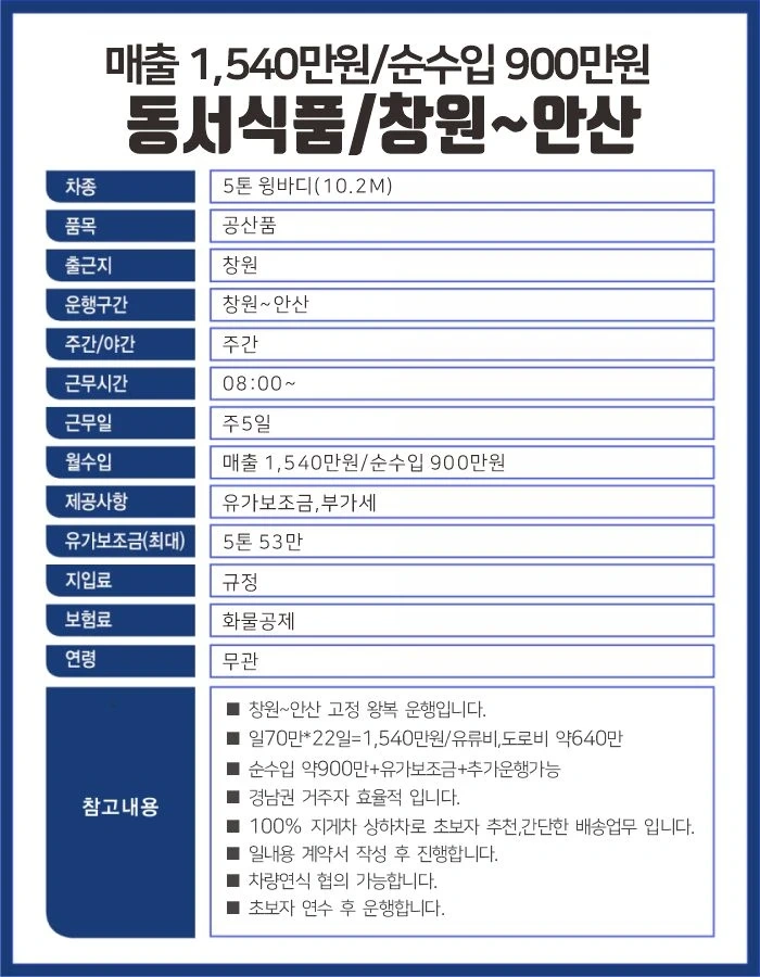 5톤/창원 ~안산/동서식품/월급기사 아닙니다