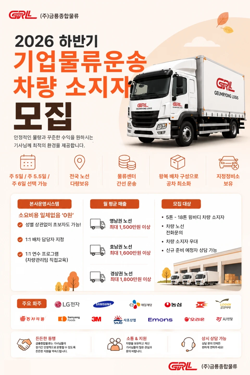 5톤~18톤 윙바디 차량소지자 채용 및 신규준비자 모집