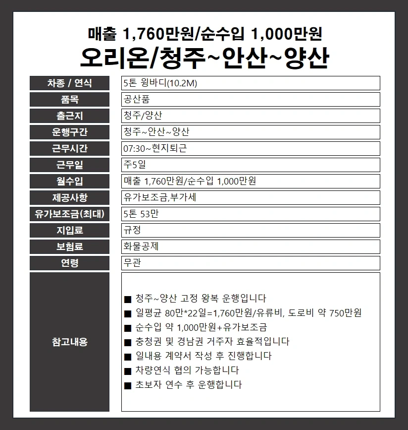 5톤/청주~안산~양산/오리온/월급기사 아닙니다
