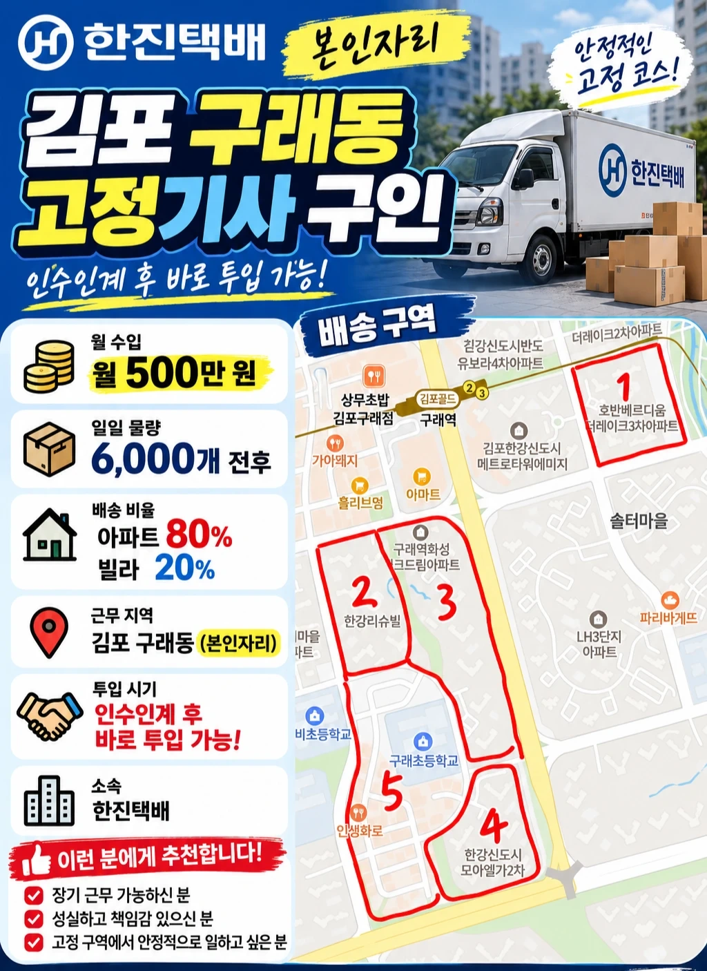 택배 구래동 고정기사 구인