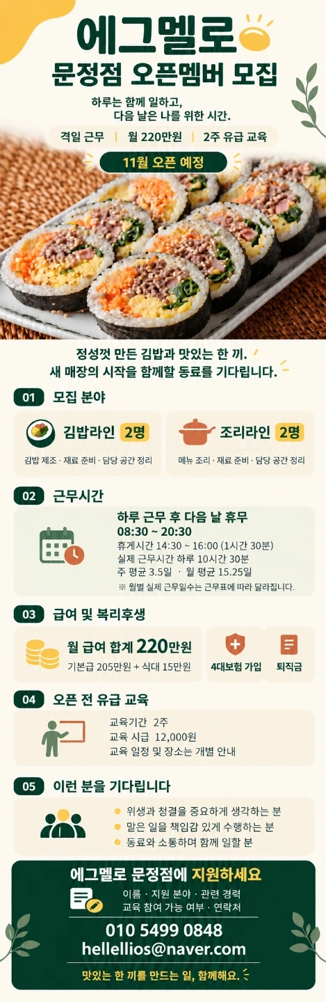 에그멜로 문정점/ 격일근무(주3.5일)/월220만원