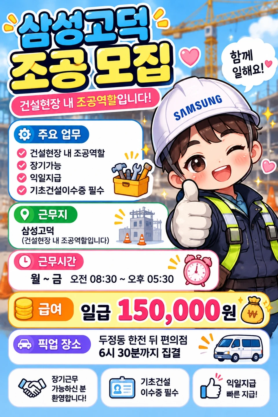 삼성 현장 건설 조공 모집 천안에서 출퇴근