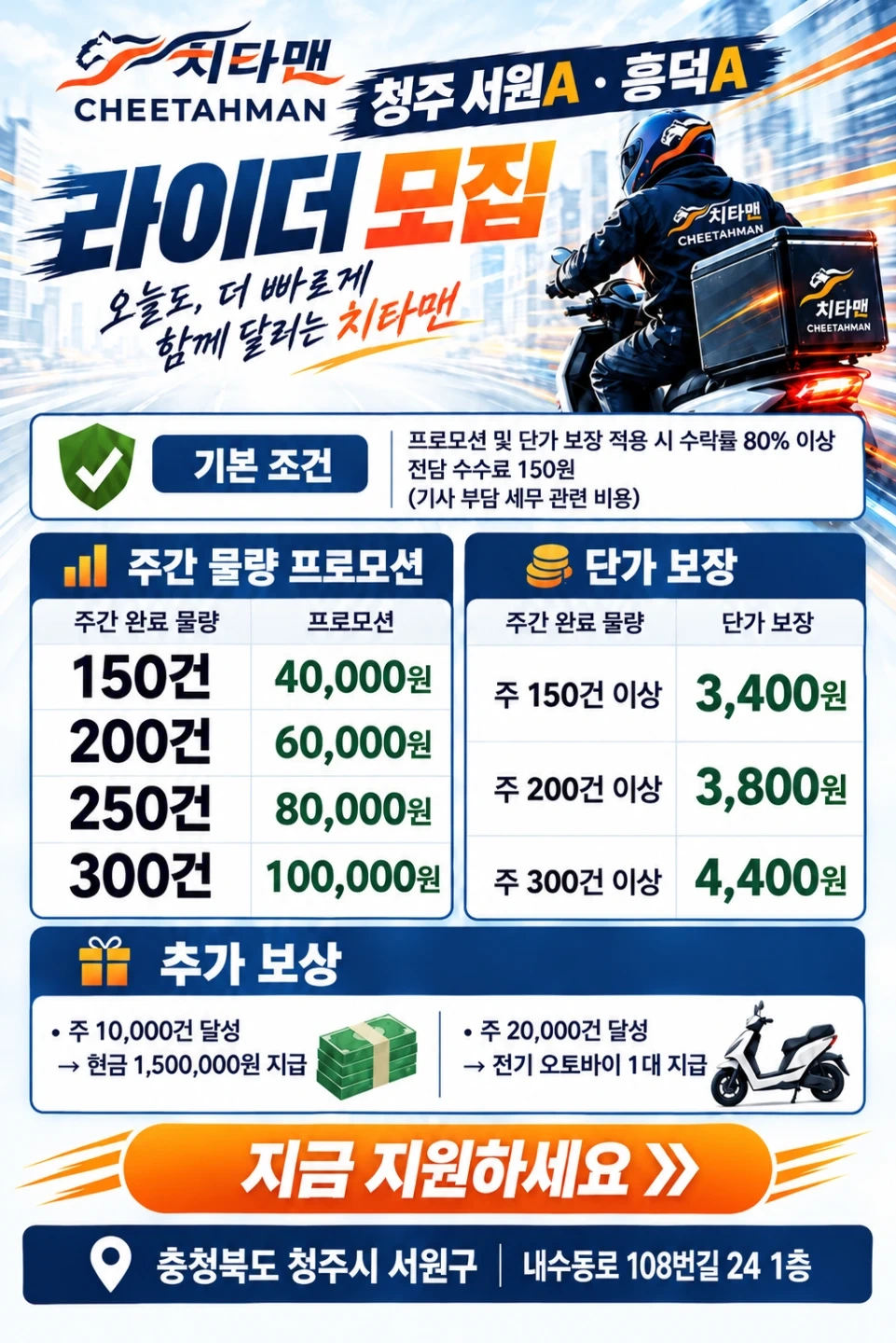 배민플러스 치타맨 청주지사 라이더 모집합니다.