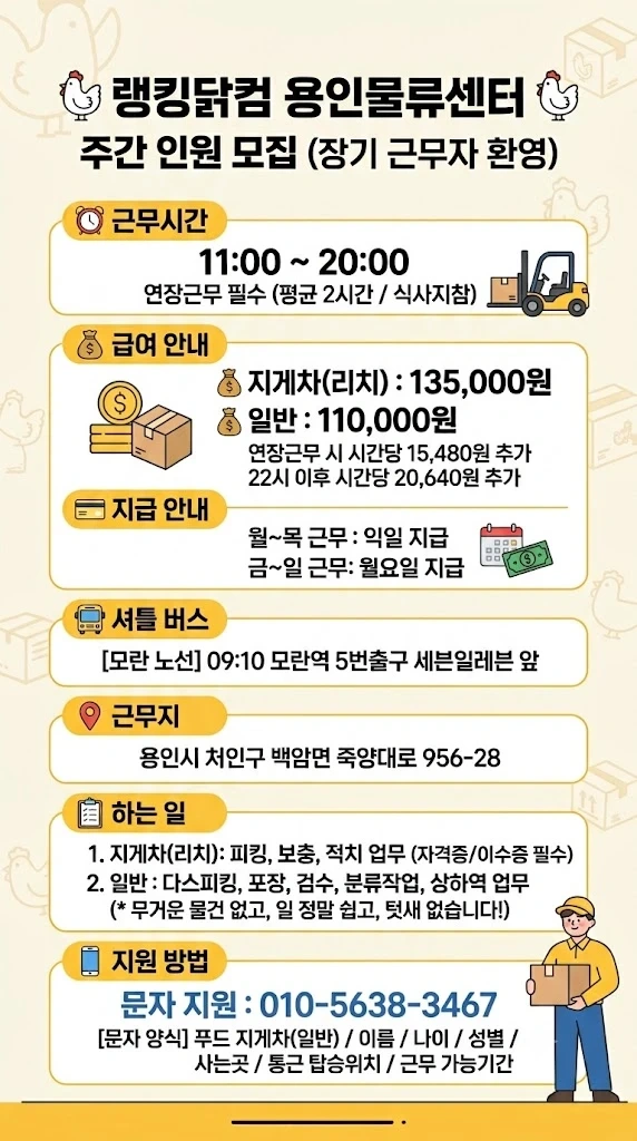 랭킹닭컴 물류센터 주간 일반인원 / 지게차 리치 알바