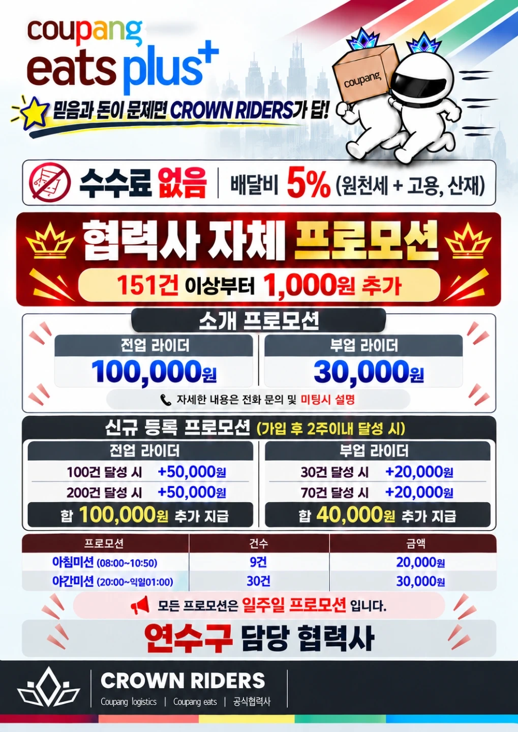 연수구 쿠팡이츠플러스 배달기사님 모십니다.