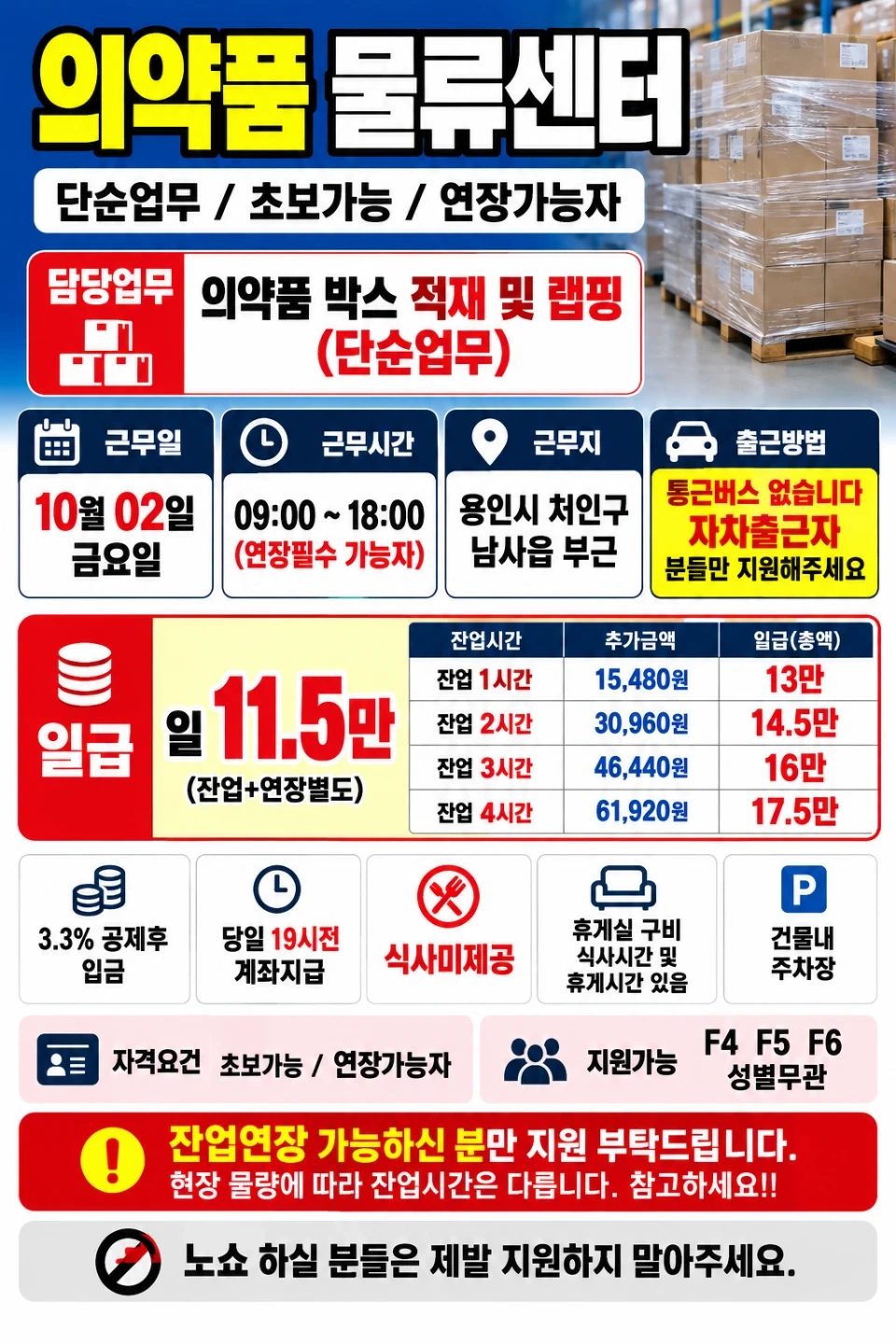 고정근무/일최대17.5만당일지급/의약품/적재,랩핑