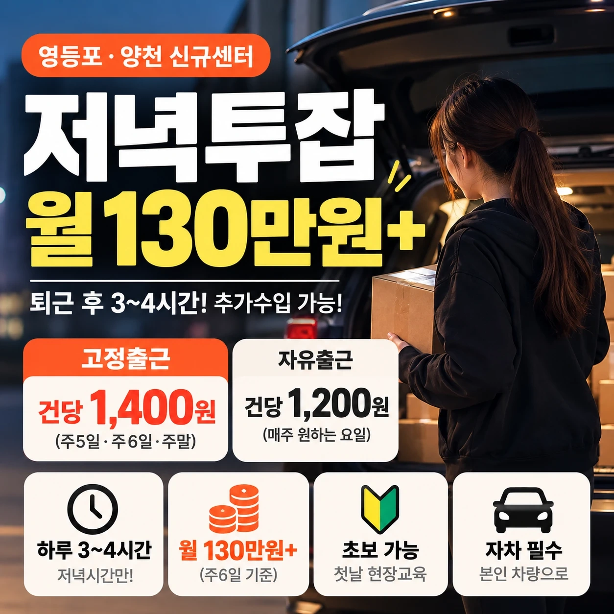 퇴근후3~4시간 간단배송! 한달130만원이상,자차필수