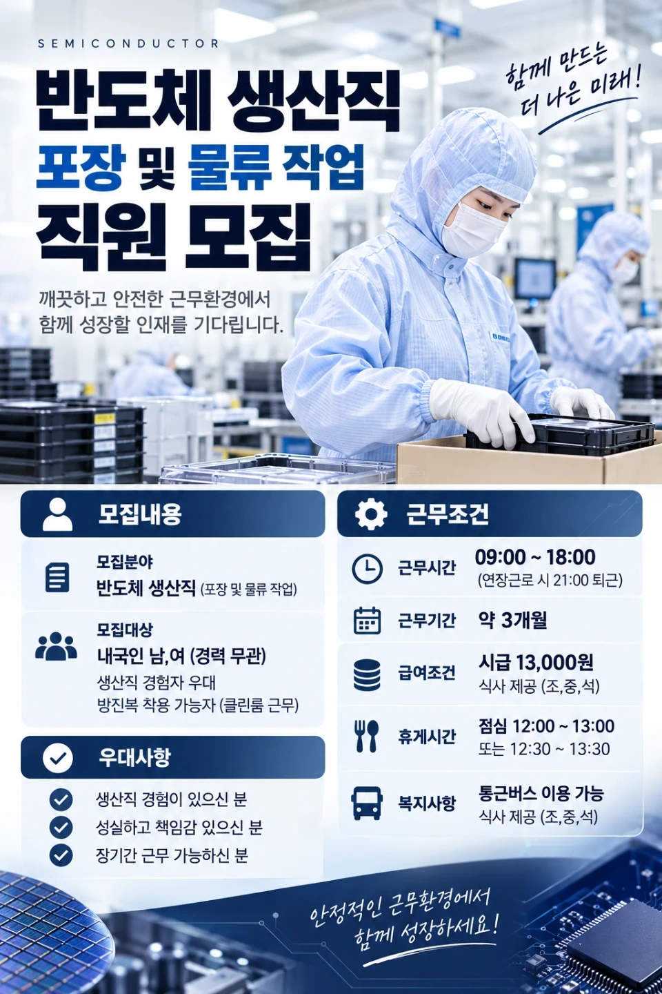반도체공장)일당17만/포장 및 물류/3개월 단기/주5일