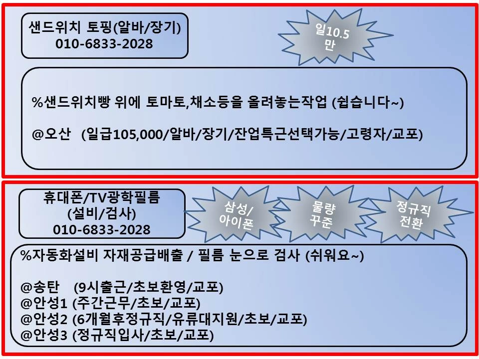 식품 샌드위치생산 주/야 장기간 알바 모집