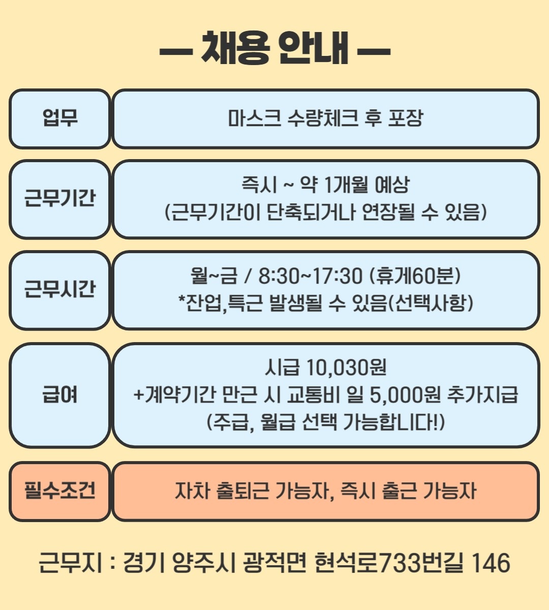 한달단기 - 마스크포장 단기채용 공고 썸네일