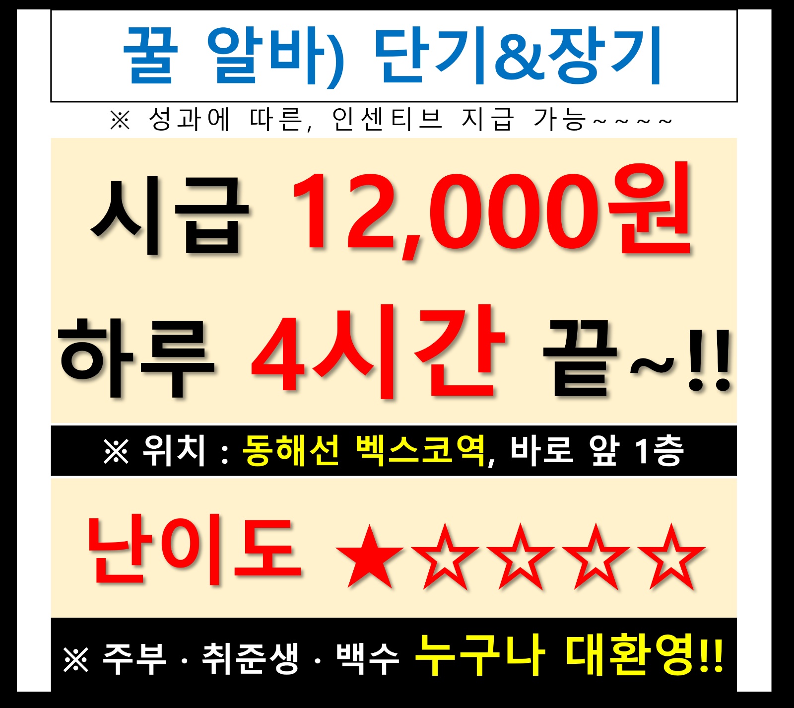 급구)하루 4시간, 시급 12,000원 꿀알바 공고 썸네일