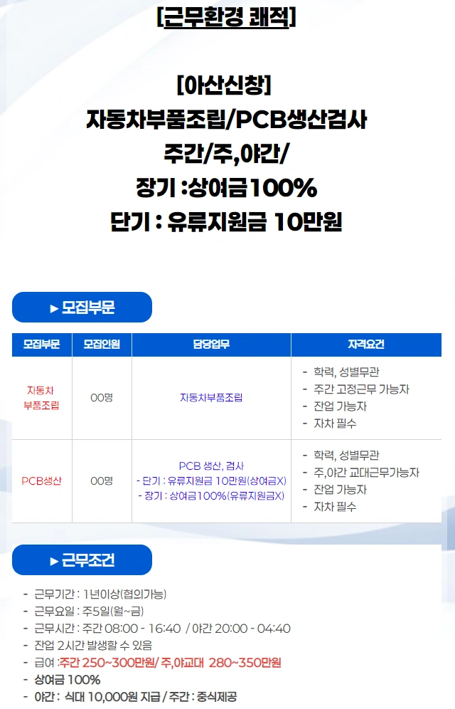 신창 자동차부품 pcb조립,검사(주야교대)상여100