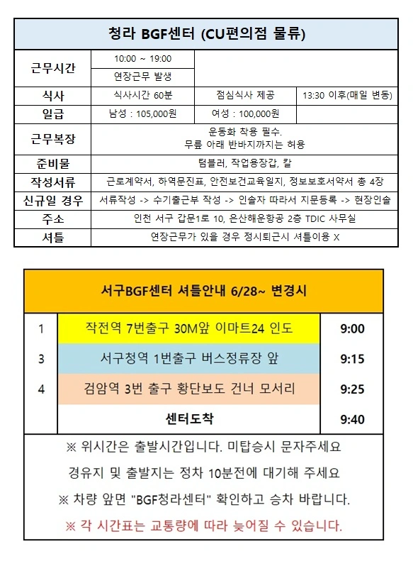 꿀알바/청라CU/분류/피킹/일당/바로근무