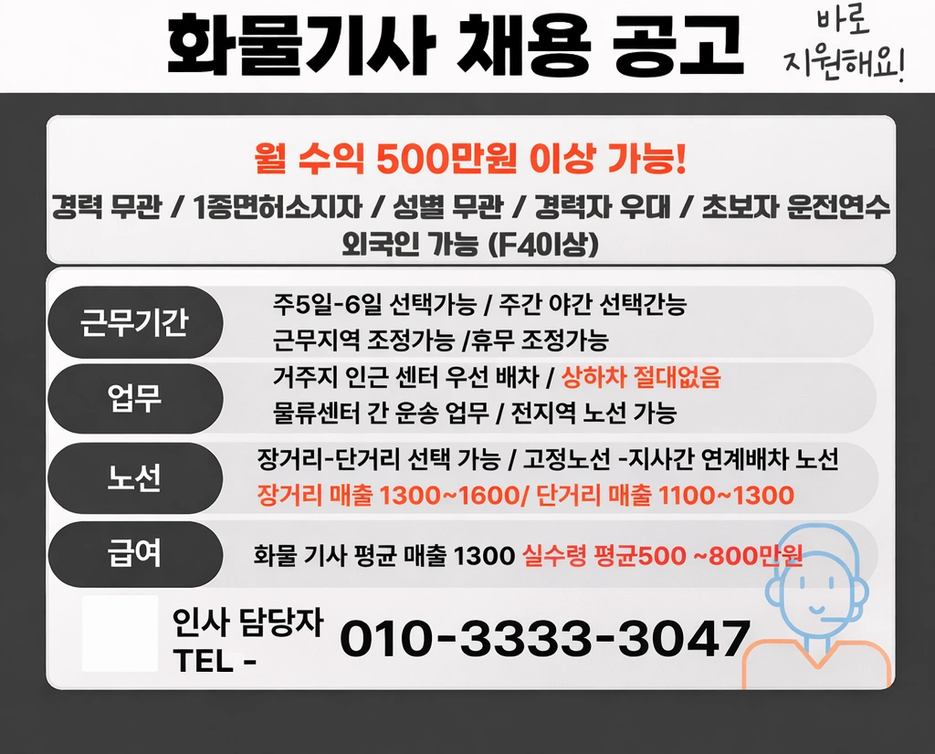 5톤 윙바디 화물기사님 공고모집