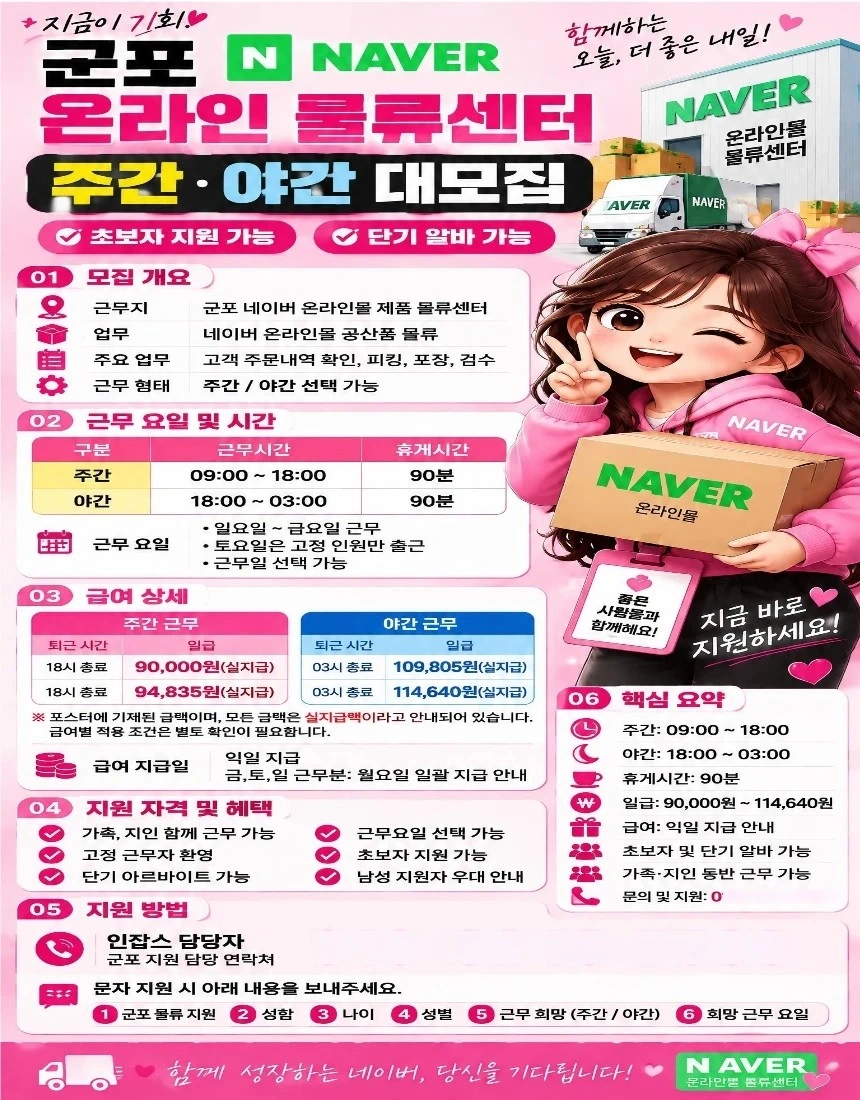 꿀알바/잔업없는/군포 네이버 온라인/주,야간 모집/자차