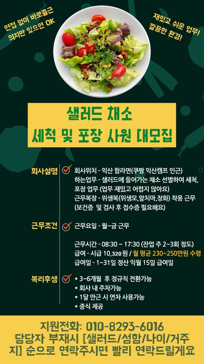 샐러드생산 포장 업무/자차출근가능자/장기근속가능자