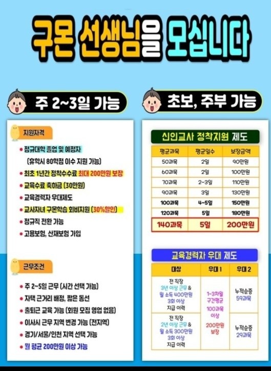 구몬선생님 모집 / 초보부터 경력직까지 모두 지원가능 공고 썸네일