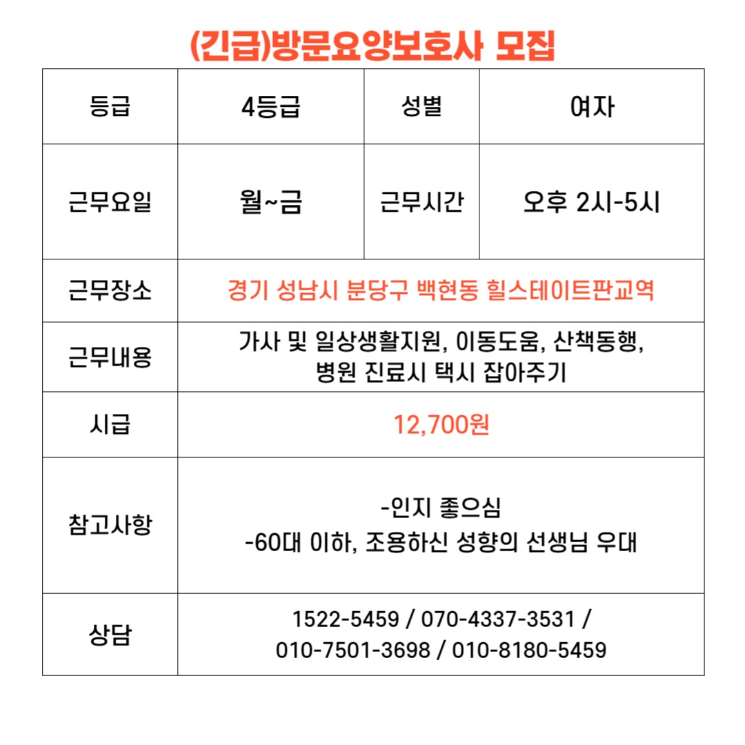 (긴급)분당구 백현동 4등급 어르신 요양보호사 구인 공고 썸네일