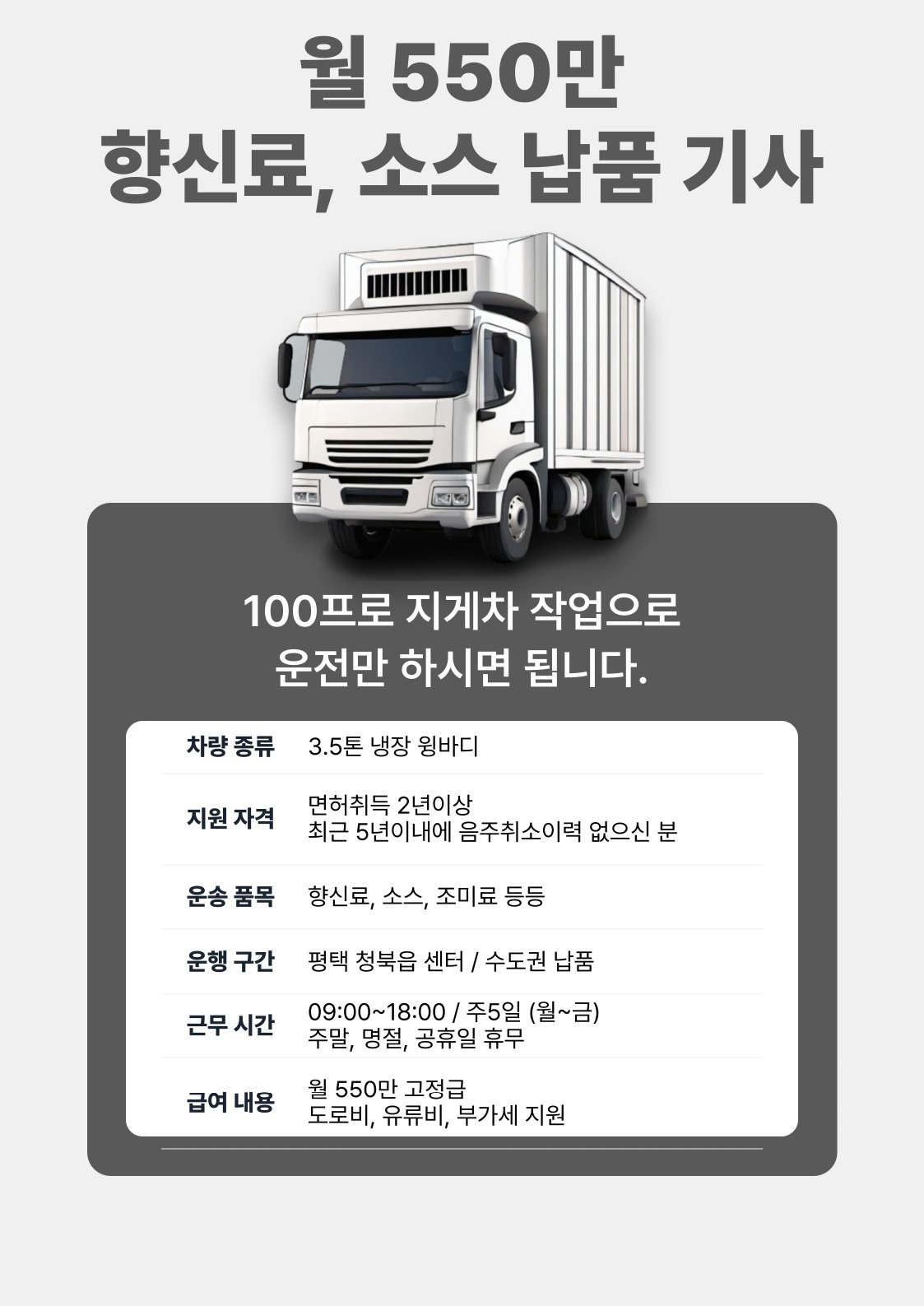 월550만원 주5일(월~금) 소스 및 향신료 납품하는일 공고 썸네일