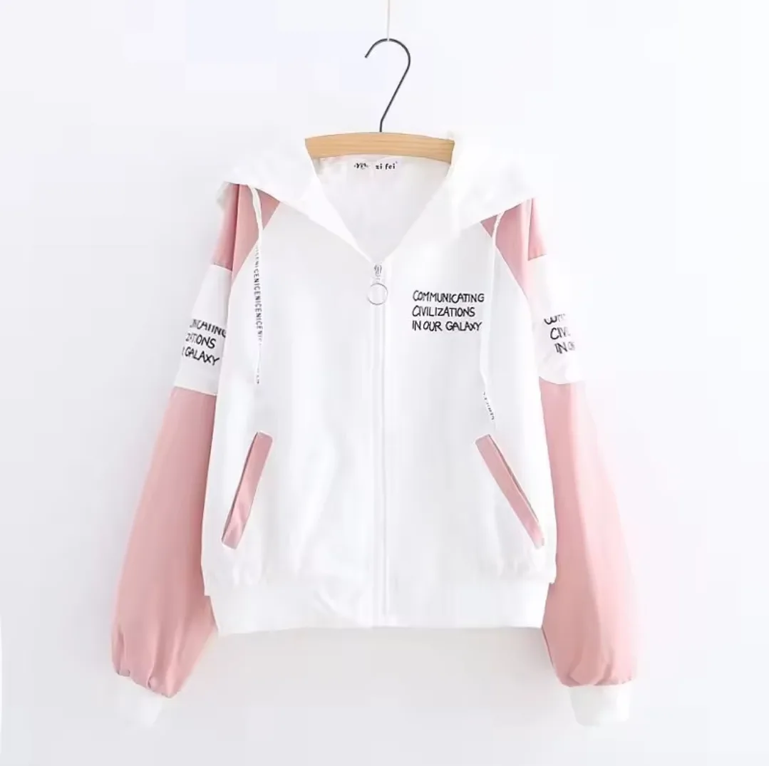 핑크 화이트 가을 집업 후드 바람막이