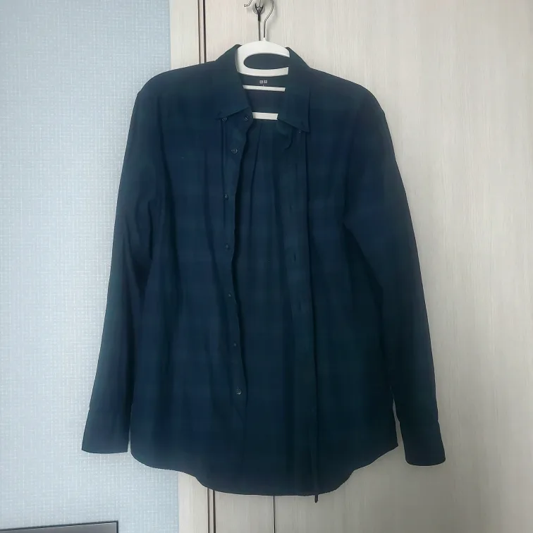 유니클로 체크난방카라셔츠 L 다크그린