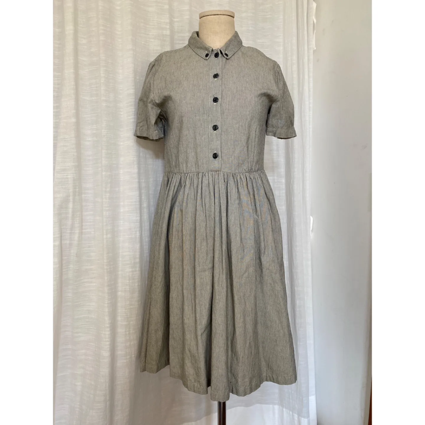 YMC 셔링 셔츠 원피스 잔잔한 스트라이프 코튼 드레스