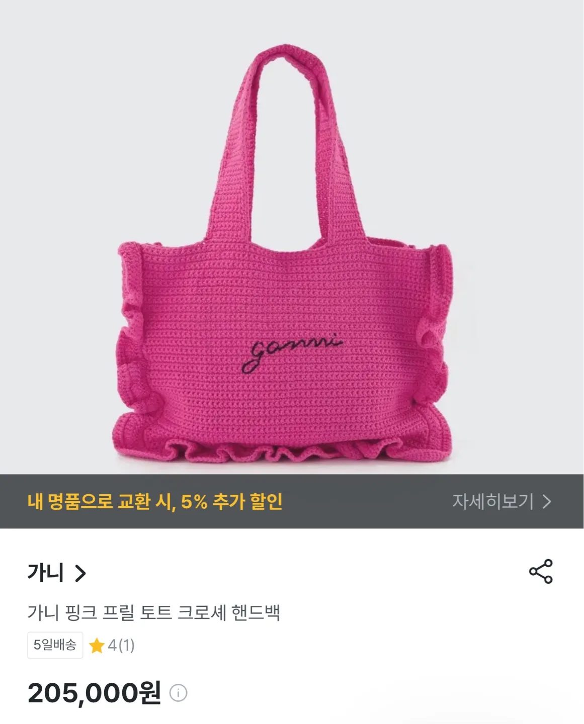 가니 핑크 프릴 크로셰 핸드백 (중고매입트렌비사이트가격20만원)