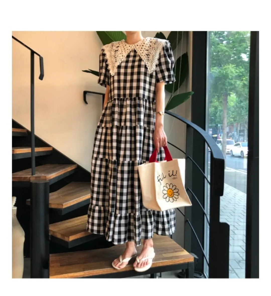 체크 롱 원피스 Free