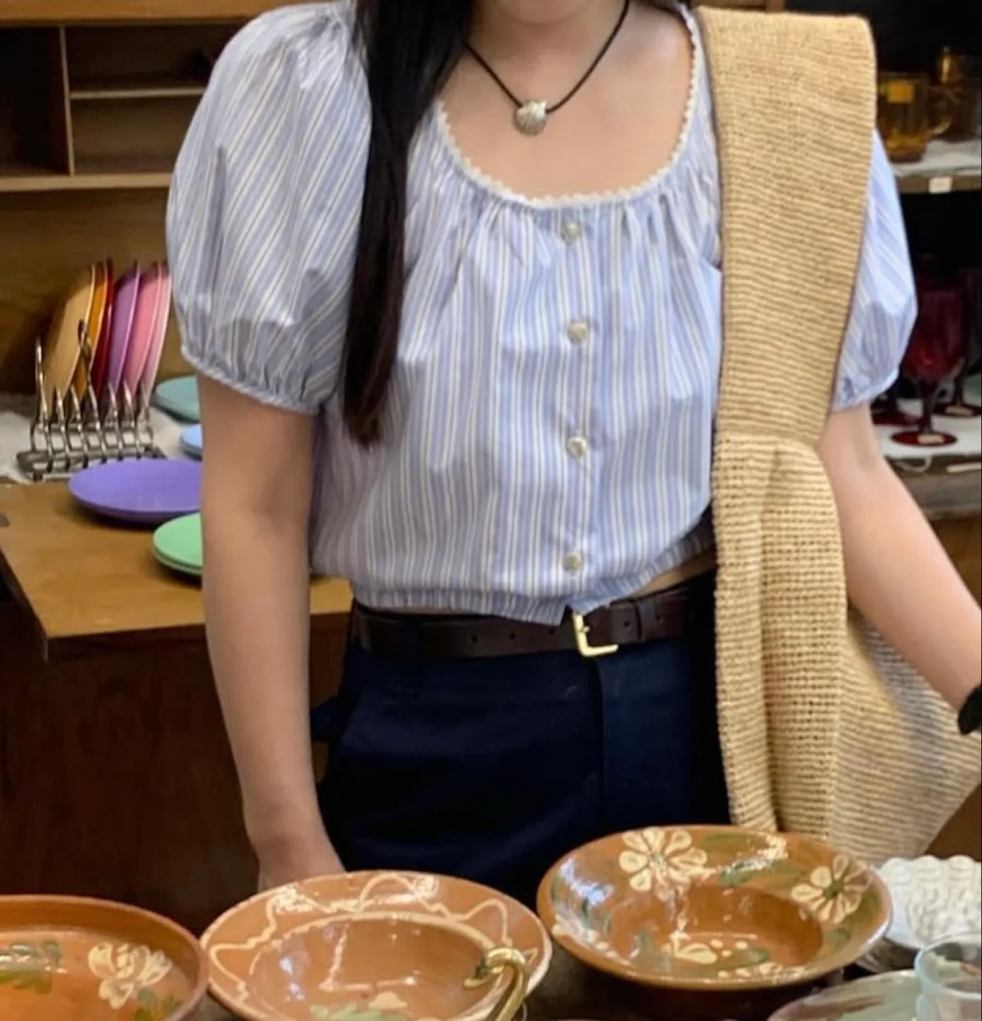 스트라이프 퍼프 블라우스(마지막 가격)