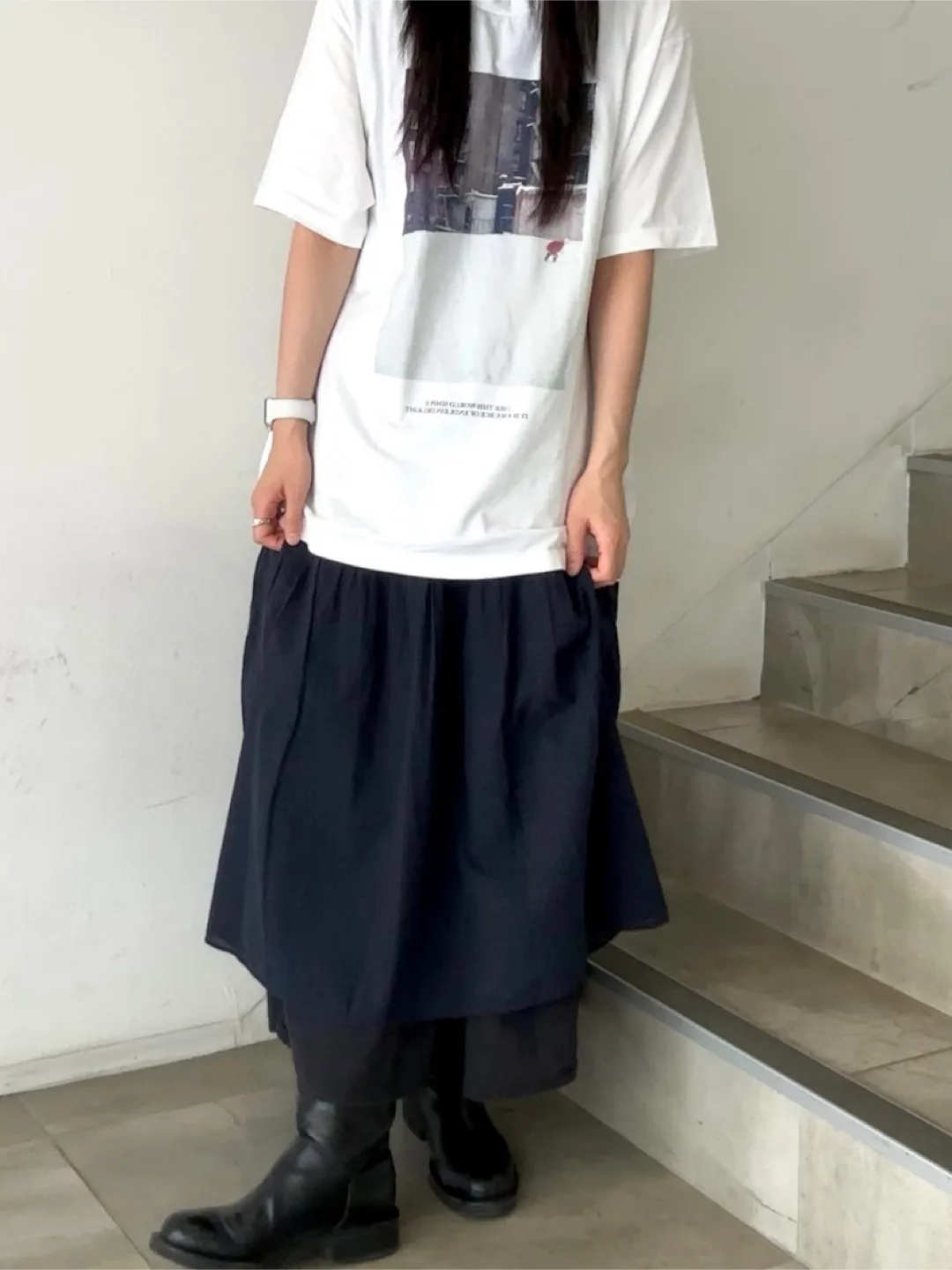 유니클로 크링클 티어드 스커트 블랙