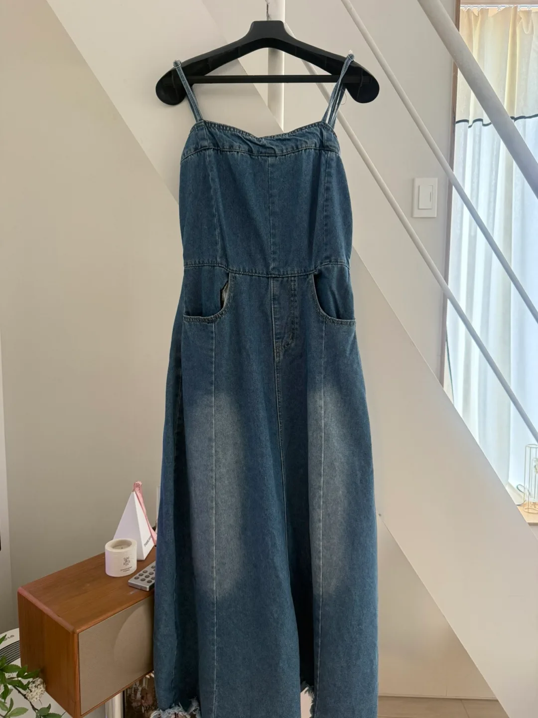 민소매 청 데님 롱 원피스