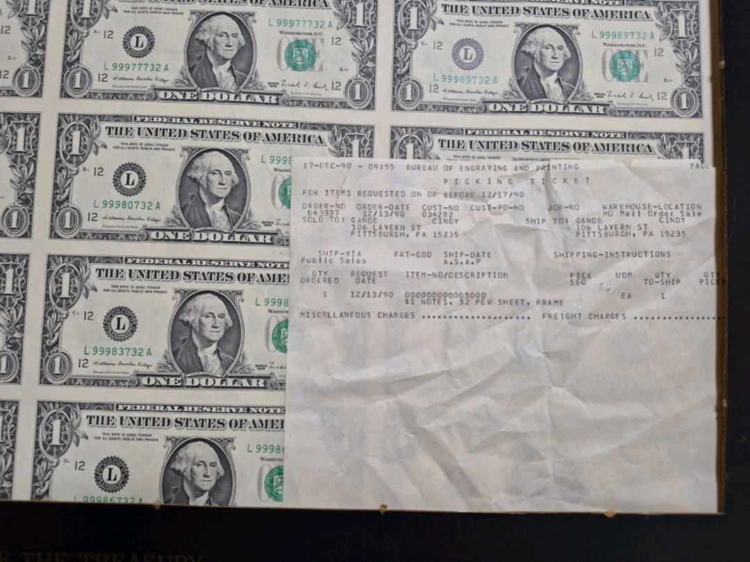 미국 1달러 지폐 시트