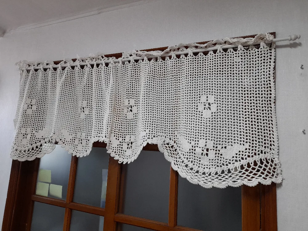 빈티지 중고 굵은 화이트 면실 손뜨개 꽃무늬 4컷 바란스 커텐