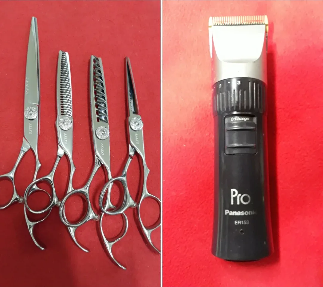 전문가용 미용가위 4개와 새것같은중고(밧데리모터 업그레이드) 파나소닉 153바리깡합쳐 42만원 원가이하폐업정리판매