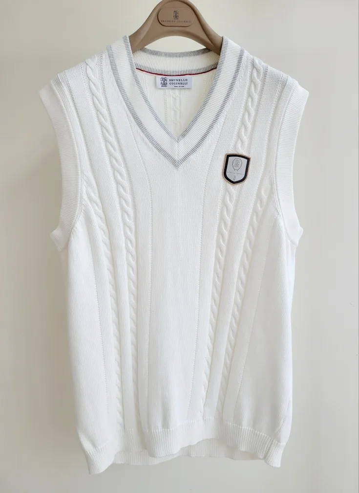 브루넬로 쿠치넬리 테니스 로고 면(코튼) 케이블 꽈배기 베스트 조끼 M