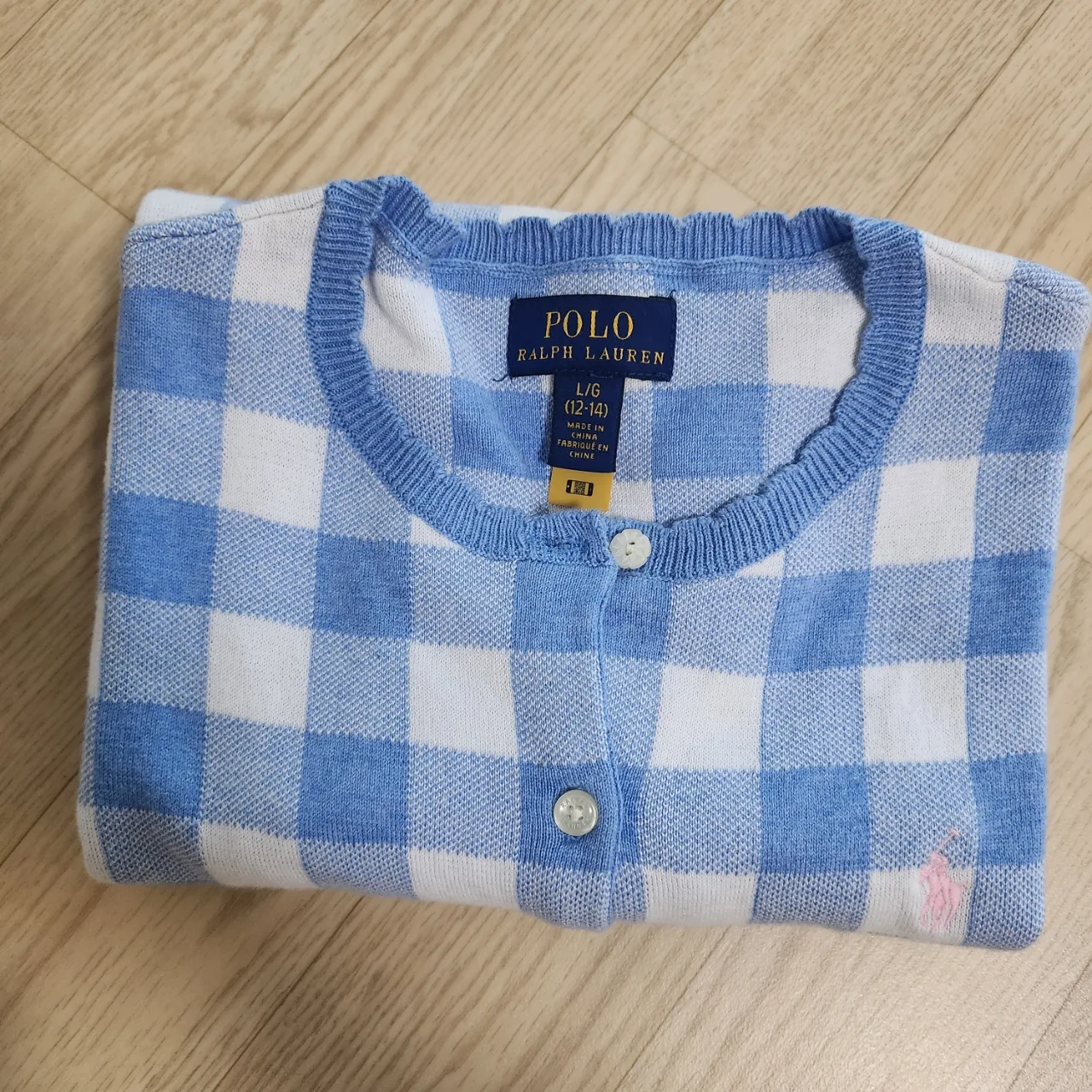 중고) 폴로 하버블루 깅엄 체크 걸즈 가디건 L