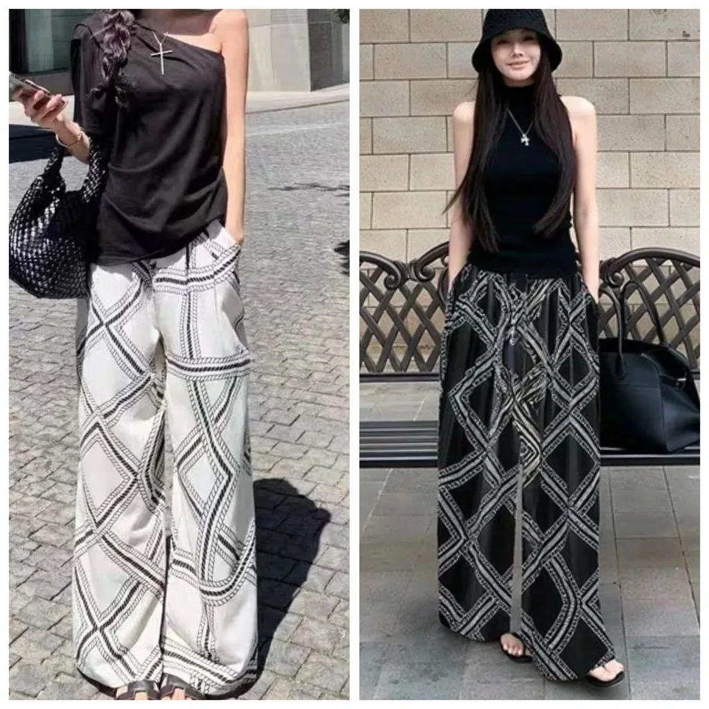 패턴 허리밴딩 와이드 팬츠